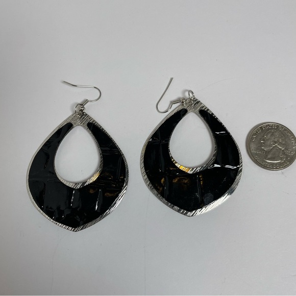 Silver Tone Black Leather Embossed Teardrop Earrings - Picture 3 of 5